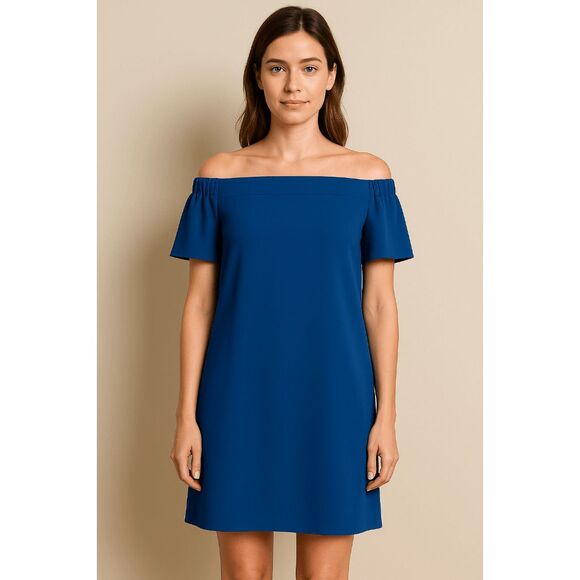 Topshop Navy Blue Off The Shoulder Shift Flutter Sleeve Dress Size 2 - Picture 1 of 9